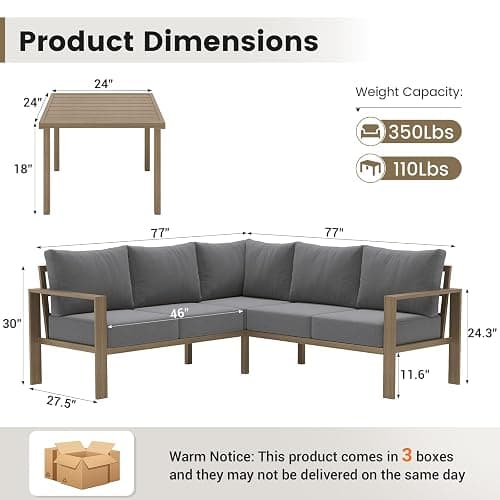 UDPATIO 6 Piece Patio Furniture Set, Metal Outdoor Sectional Sofa with 6" Thick Olefin Cushions, Wide Armrest & Coffee Table, L Shaped Outdoor Furniture for Garden, Backyard, Faux Wood Grain & Grey thumbnail 2