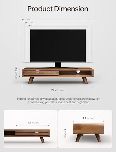 Tinamo 24" Wood Monitor Stand Riser with Sliding Door and Cable Management | Acacia Wood, Ergonomic Design, Fits Most 24"-32" Monitors, Non-slip, Hidden Multi-purpose Storage, All Hardware Included thumbnail 3