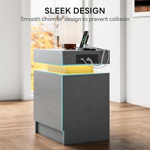 LIKIMIO Night Stand with Charging Station, Modern Grey Nightstand with LED Light and Drawers, Bedside Tables/End Table for Bedroom thumbnail 3