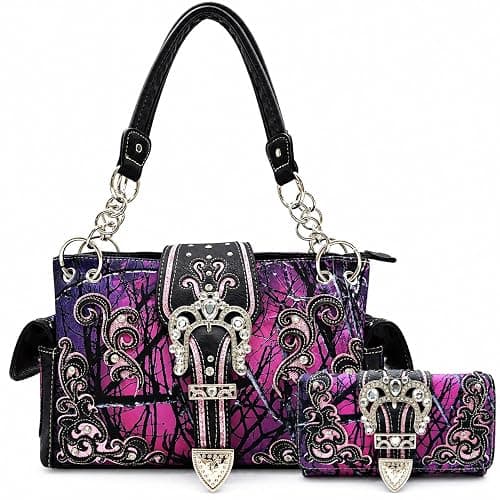 Western Trendy Camouflage Purse Country Handbag and Wallet Set for Women | Rhinestone Buckle, Side Pockets & Convertible Wallet Carry - Image 1