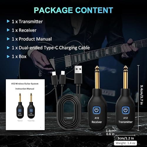 A12 Wireless Guitar Transmitter Receiver - 2.4GHz System, 24-bit 48KHz Audio, 100ft Range, No Latency, Rechargeable, Easy Pairing for Electric Guitar & Bass - Accessories (1TX+1RX) thumbnail 7