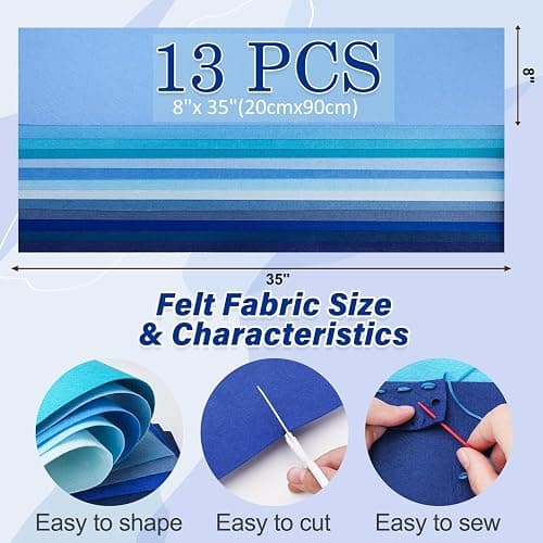 MITINU 13 Pcs 8"x35" Large Stiff Felt Fabric Sheets, 1.2mm Thick Nonwoven Felt for DIY Crafts, Patchwork, Sewing & Home Decoration Projects (Blue Themed Colorful Series) thumbnail 3