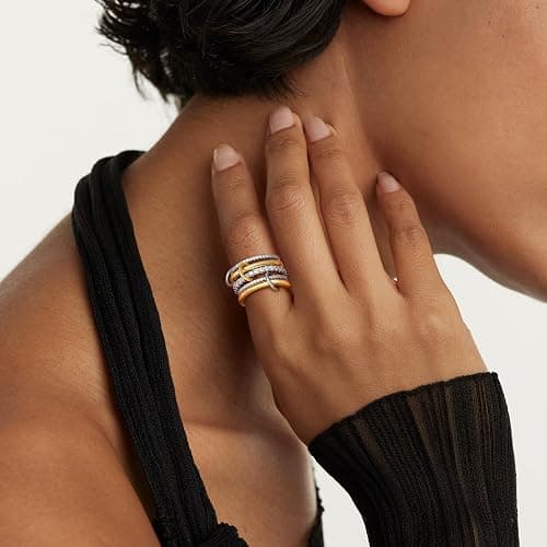 Decholly Gold Stackable Rings for Women, 18K Gold Plated Cubic Zirconia Rings Spinelli Silver Gold Multi Ring Mixed Metals Stackable Ring Set for Women Non Tarnish thumbnail 5