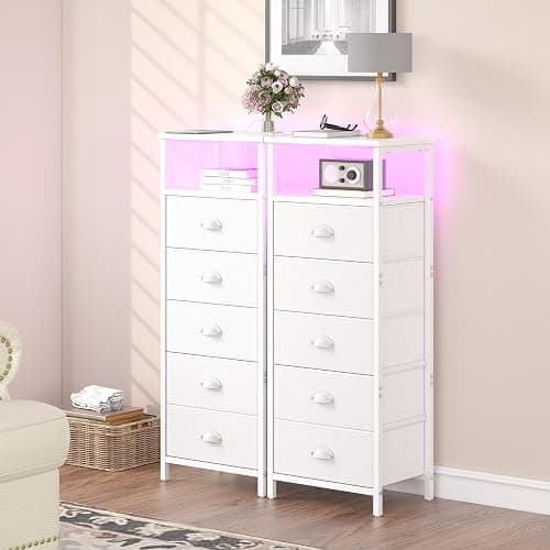 sthmec Nightstand with Charging Station,LED White Nightstands with 5 Fabric Drawers PU Finish, Bedside End Tables, 2-Tier Open Storage Shelf Side Table Nightstand with Drawers for Bedroom,White thumbnail 6