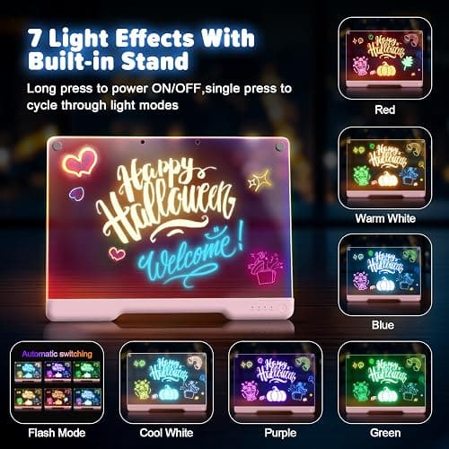 16-Inch Rechargeable Doodle Glow LED Note Board, 7-Color Light Modes, Neon Art Dry Erase Light Up Drawing Pad with Built-in Stand, Sketching Gift Toy for Kids/Girls/Teens, 5 Markers & Tracing Book thumbnail 5