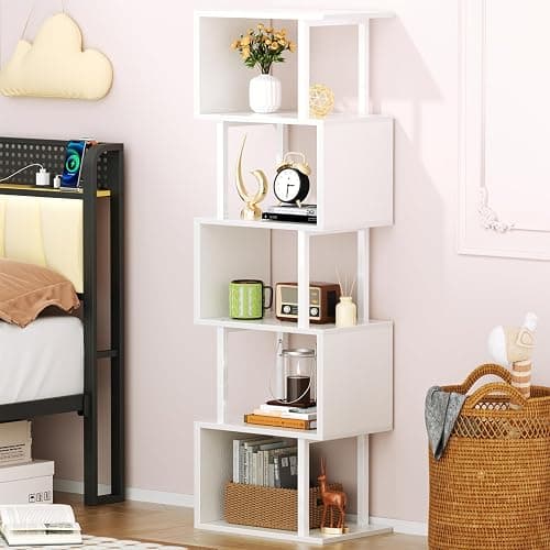 Furologee White Geometric Bookshelf 6 Tier S-Shaped Bookcase, Tall Modern Display Storage Shelf, Metal and Wood Decorative Freestanding Room Divider Shelves for Bedroom, Living Room, Office thumbnail 2