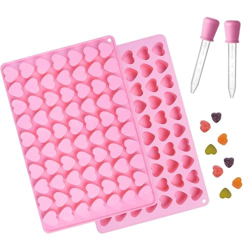 Heart Silicone Gummy Molds 2 Pack with 2 Droppers, Mini Heart Chocolate Mold, Non-Stick Food Grade Ice Cube Tray for Hard Candy, Homemade treats, Soap, Jelly (Pink) - Image 1