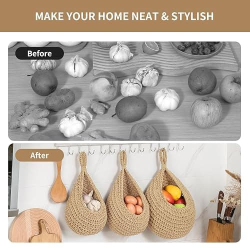 Boho Wall Hanging Fruit Baskets for Kitchen 3 Pack Woven Produce Holder with 6 Pcs Strong Hooks Vegetable Hanging Basket for Organizing Teardrop Home Wall Potato Onion Storage, Linen thumbnail 5