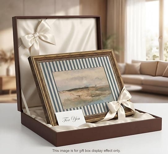 Vintage Gold Framed Beach Landscape Canvas Wall Art Blue Striped Mat Grass Lake Wall Decor Picture Rustic Scenery Painting Print Poster for Living Room Bedroom Bathroom Home Decoration thumbnail 7