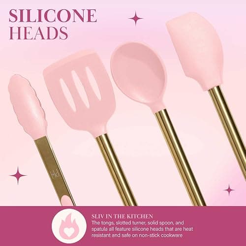 Paris Hilton Kitchen Set Tool Crock with Silicone Cooking Utensils, Stainless Steel Whisk and Ladle, 7-Piece, Pink and Gold thumbnail 6