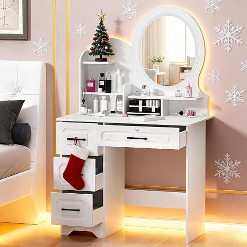 balurukt Vanity Desk with Sliding Mirror and Lights,Makeup Vanity Set with 6 Storage Shelves 4 Drawers Dressing Table for Bedroom Dressing Room Hidden Storage Space(White) White - Image 1