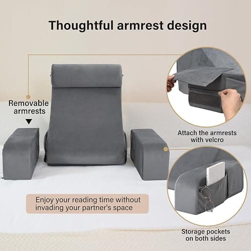 ENITYA Reading Pillow for Sitting in Bed Adult, 19" Back Support Pillow for Bed Sitting up, Backrest Cushion for Reclining,Gaming,Resting,Watching TV in Couch or Floor, Wedge with Arms, Medium(Grey) thumbnail 5