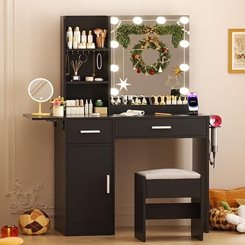 ERLEJIA Vanity Desk with Mirror and Lights, 39.37" 4 Drawers Makeup Desk Without Stool, Extra Foldable Desk with 3 Open Shelves Make Up Table for Girls and Ladies Bedroom, Black thumbnail 9