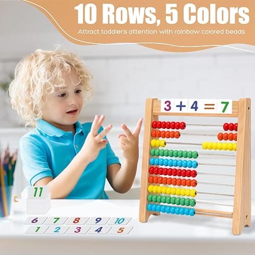Ranqibo Wooden Abacus for Kids Math - 10-Row Counting Toy with 100 Beads, Number Cards & Counting Sticks, Educational Counters for Kids Math Gift for Age 3 4 5 6 7 Year Old Boy Girl thumbnail 3