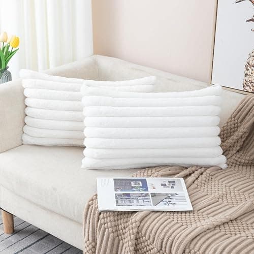 ZLINA Set of 2 Cream White Faux Fur Decorative Throw Pillow Covers Fluffy Striped Pillowcase Cushion Covers 12 x 20 Inch Decor Sofa Couch Bedroom - Cream White - 12 x 20-Inch thumbnail 2