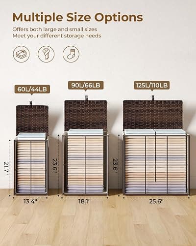Greenstell Laundry Hamper with Lid, 90L Clothes Hamper with 2 Removable Liner Bags & 2 Mesh Laundry Bags, Handwoven Synthetic Rattan Laundry Basket for Clothes, Toys in Bathroom, Bedroom Brown thumbnail 3
