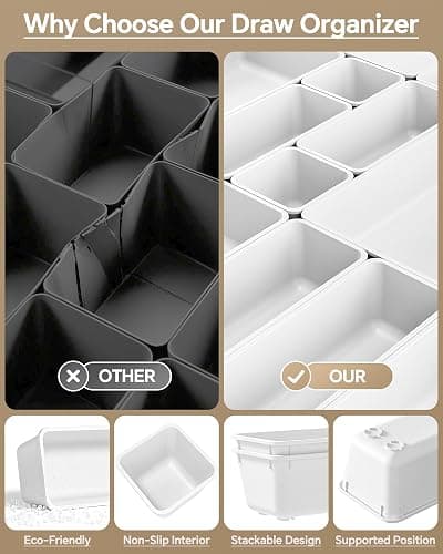 KEMETHY 25 PCS Plastic Drawer Organizers Set, 4 Sizes Vanity Organizer, Makeup and Desk Drawer Organizer Trays, Organization and Storage for Makeup, Bathroom, Kitchen Utensils and Office (White) thumbnail 6