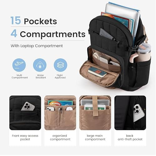 LOVEVOOK Laptop Backpack for Women with Giant Tumbler Holder Pocket,17 Inch Puffer Travel College Work Backpack Purse for Teacher Nurse,Waterproof Laptop Bag Computer Back Pack Casual Daypack,Black thumbnail 4