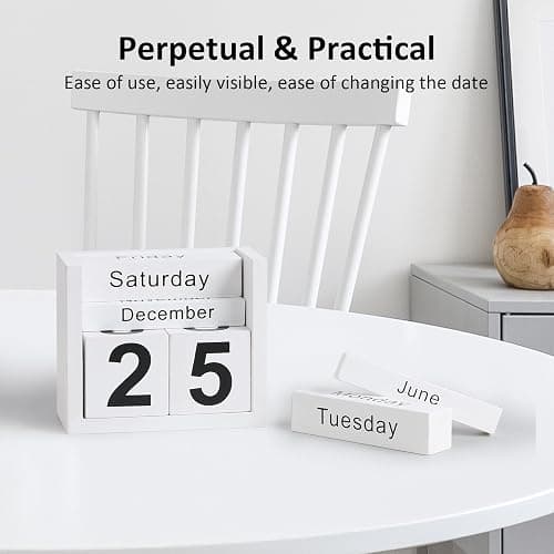 DEERINE Wooden Block Calendar for Desk, Daily Desktop Perpetual Desk Calendar, Cute Date Display Blocks Desk Accessory for Home Office Decor, Teacher, Classroom, Reusable Yearly, White thumbnail 5