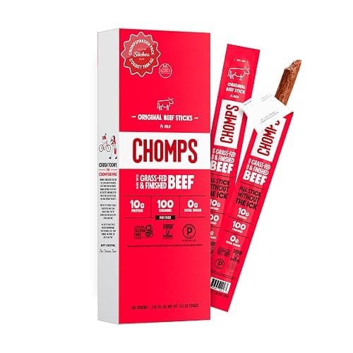 Chomps Original Beef, STICKER PACK, Grass-Fed & Finished, 10ct | Grass-Fed And Finished Beef Sticks With Zero Sugar, Keto And Paleo Friendly, Whole30, Low-Carb Snack, 10G Protein - Image 1