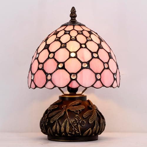 WERFACTORY Small Tiffany Lamp Desk Pink Stained Glass Pearl Bead Mushroom Table Lamp Bronze Mini Accent Lamp W8H11 Inch S005P Series - Image 1