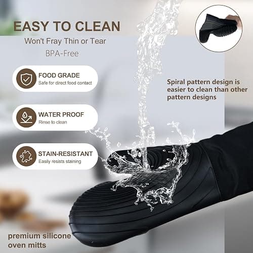 Silicone Oven Mitts-13.6 in Extended Oven Mitts Heat Resistant 500F, Oven Gloves with Soft Liner Good Grippy BPA-Free Easy to Clean Flexible-Oven Mits Set for Cooking Baking Grilling BBQ-Black - Black thumbnail 7