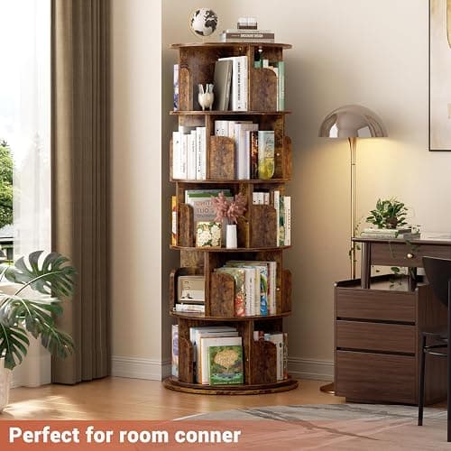 Besiost Rotating Bookshelf Tower, 5 Tier Spinning Bookcase, Revolving 360 Book Shelf Narrow Tall Bookcase, Vertical Turning Round Bookshelf Organizer, Corner Book Shelf for Small Space, Rustic Brown thumbnail 2