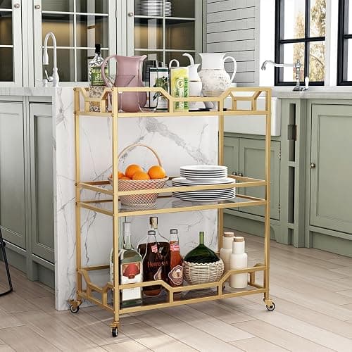 LORMITER Square Gold Bar Carts with 3 Tier Storage Glass Shelves Holder Home Serving Bar Carts on Wheels for Kitchen, Bar, Dinning Room - Square Carts thumbnail 6