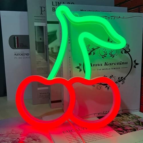 Cherry Neon Sign Red Green Cherries Neon Lights 7.5 * 8.9IN Cherry Neon Signs for Wall Decor, Cute Fruits LED Signs for Kids Room Restaurant Bar Fruit Shop Home thumbnail 8