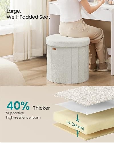 SONGMICS Mazie Collection - Round Storage Ottoman, Folding Footrest Stool with Removable Lid, Easy Assembly, Teddy Fleece Vanity Stool for Bedroom, Living Room, Entryway, Cream White ULSF606W01 thumbnail 5