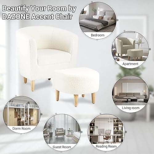 DAZONE Sherpa Accent Chair with Ottoman, White Fluffy Teddy Barrel Armchair for Cozy Living Room, Small Comfy Chairs for Bedroom, Reading Corner thumbnail 3