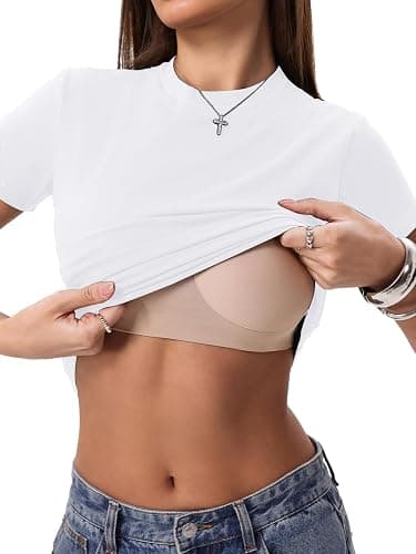 Danysu Womens Tops with Built in Bra Short Sleeve Fitted Crop T Shirt | No See Through, Bra Free, Seamless, Stretchy Breathable Cotton Jersey, Slim Fit, Going Out, Workout, Casual Cute Summer Top thumbnail 2