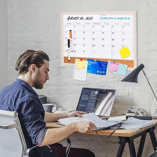 Monthly Whiteboard Calendar & Corkboard for Wall, Magnetic 17"x13" Dry Erase Board with White Wood Framed, 2in1 White Board Cork Board Combo, Calendar Bulletin Board for Kitchen Planner Memo Office thumbnail 2