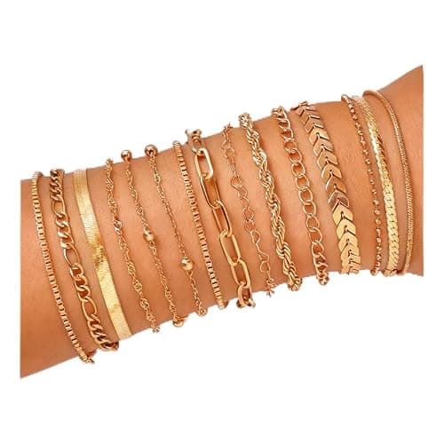 15PCS Gold Bracelets for Women Dainty Bracelets Stack Set Trendy Gold Stackable Cuban Link Paperclip Chain Bracelet Pack Adjustable Jewelry Set for Gifts - Image 1