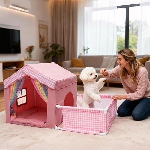 INRLKIT Princess Dog House Indoor, Cute Indoor Dog House for Small Dogs, DogTent Bed with Playpen, Small Pink Dog Canopy with Soft Cushion for Christams Gifts thumbnail 7