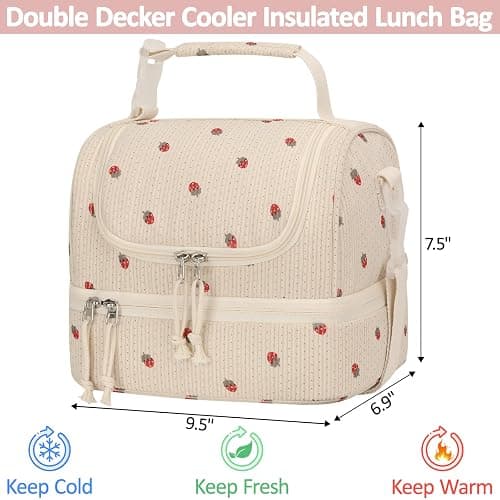 Vankor Corduroy Lunch Box Kids Insulated Lunch Bag Double Decker, Cute Leak-Proof Lunch Box for Boys Girls, Portable Cooler Lunch Bag Thermal Lunch Tote for School Picnic Travel, Beige Strawberry thumbnail 2