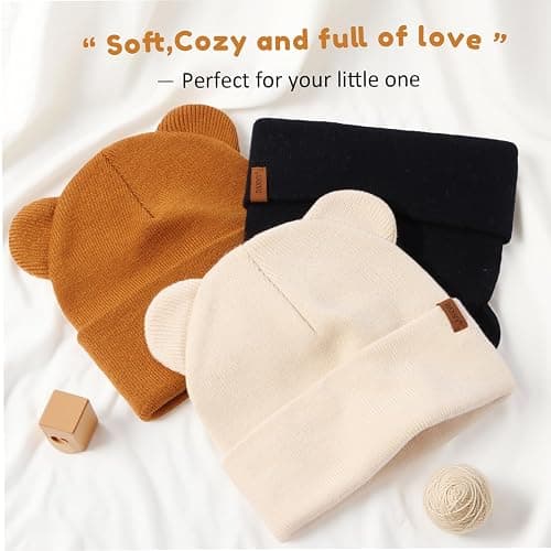 Baby Beanie Warm Winter Hat with Bear Ear for Infant Toddler Boys Girls Kids Soft Knitted Skull Cap thumbnail 4