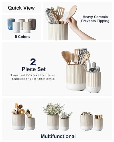 LE TAUCI Utensil Holder, 7.3"+5.4" Ceramic Kitchen Utensil Holder for Countertop, Large Cooking Utensil Crocks Gift for Mom, Boho Farmhouse Kitchen Decor, Set of 2, Reactive Glaze Arctic White - Glaze Arctic White thumbnail 4