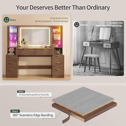 HAUOMS Big Vanity, Fluted Wood Makeup Vanity Desk with Mirror and Sound Sync LED Lights, Large Vanity Dressing Table, 8 Drawers, Charging Station for Girls, Women (Walnut, 59.1" Width) thumbnail 8