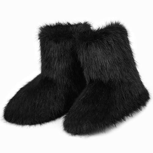 QLR Faux Fur Boots for Women Furry Fuzzy Fluffy Boots Round Toe Mid-Calf Winter Snow Boots Comfortable Outdoor Flat Shoes thumbnail 4
