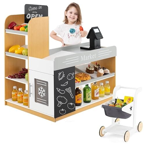 HONEY JOY Kids Grocery Store Playset, Wooden Play Store with Shopping Cart, Toddler Supermarket Checkout Stand w/Blackboard, Display Shelves, Grocery Store Pretend Play, Gift for Boys Girls, Natural - Image 1