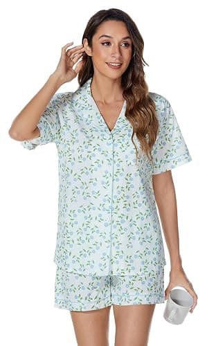 LUBOT 100% Cotton Pajamas for Women 2 Piece PJ Set Woven Poplin Ladies Button Down Short Sleeve Summer Sleepwear S-XXL thumbnail 2