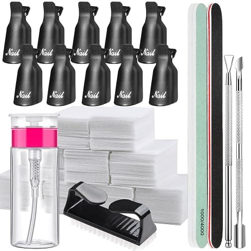 FANDAME Gel Nail Polish Remover Tools Kit, 10 PCS Nail Polish Remover Clips Black, 100ml Nail Polish Remover Bottle, 500PCS Cotton Pad, Nail Brush, Cuticle Pusher, Nail File, Buffer Block Tools kit - Image 1
