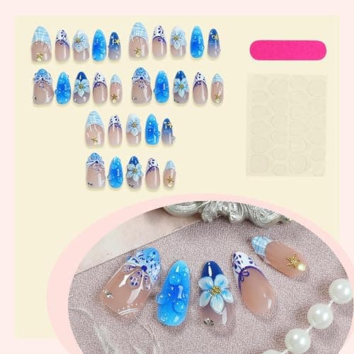 Auroriel 24 Stück Medium Almond Press on Nails Blau French Tip mit 3D Blumen & Gold Seestern Rhinestones Wiederverwendbare Acrylic Fake Nails Full Cover für Frauen Sommer Strand Hochzeit Party thumbnail 3