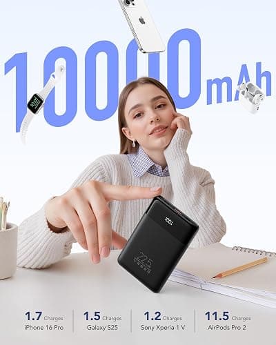 VEGER Batterie Externe 10000mah avec Câble Intégré, Power Bank Portable | 22.5W Charge Rapide, Fin Compact Chargeur USB C avec écran LED, 4 Sorties et 3 Entrées, Compatible avec iPhone Huawei Xiaomi thumbnail 5