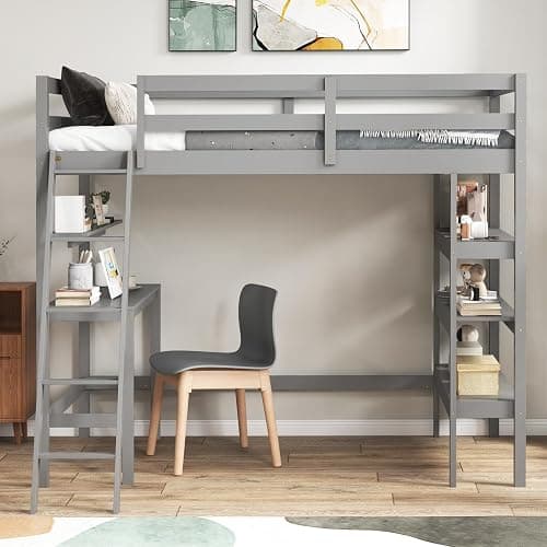 (PURCHASED) KOTEK Twin Loft Bed with Desk & Storage Shelves, Solid Wood Loft Bed Frame with Bookcase, Ladder, Guardrails, Twin Size Loft Bed for Kids, Teens, Drom, Apartment (Grey) thumbnail 4