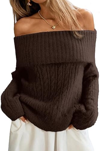 ELLEVEN Women’s Off Shoulder Cable Knit Sweater, Soft Oversized Pullover for Casual Fall Winter Outfits - Image 1