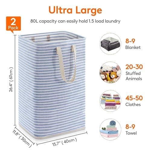 Lifewit 2 Pack Laundry Hamper Large Collapsible Laundry Basket, Freestanding Waterproof Cloth Hamper with Easy Carry Handles in Laundry Room Bedroom Bathroom College Dorm for Adult, Grey&Blue, 2 x 80L thumbnail 3