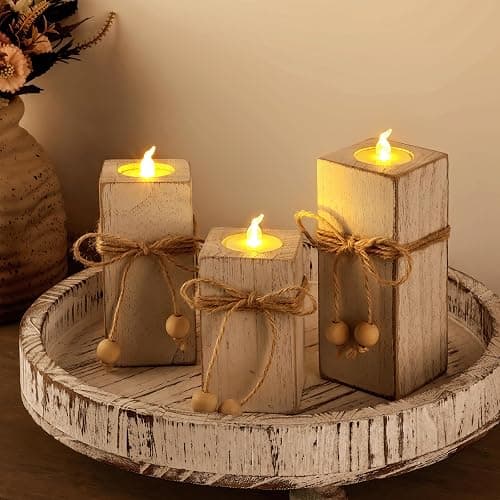 MelonBoat Rustic Flameless LED Candles 3-Pack, Battery Operated Candles with Wooden Candle Holders, White Rustic Farmhouse Decor, Farmhouse Candle Holder for Valentines Holiday Party Home Decor thumbnail 8