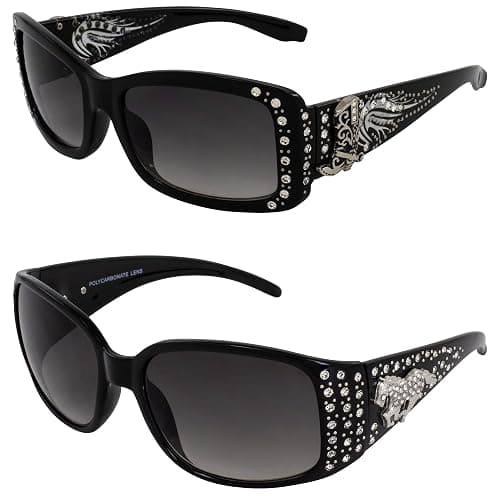 Rodeo Queen 2 Pairs of Fashion & Studded Sunglasses for Women Black Frame w/Metal Accent Piece Bling Rhinestones & Smoke Gradient Lenses - Image 1